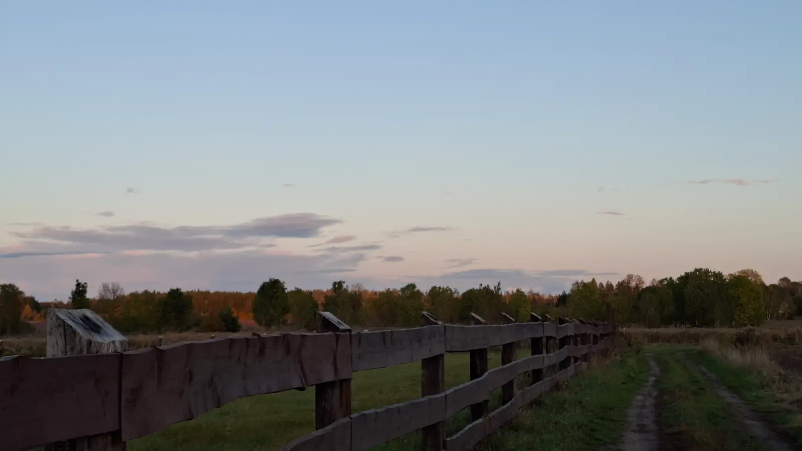 Zdjęcie przedstawia sielski krajobraz wiejski w formacie poziomym o proporcjach zbliżonych do 16:9, w którym głównym elementem kompozycyjnym jest długi, drewniany płot biegnący wzdłuż nieutwardzonej drogi. Po prawej stronie kadru widoczna jest polna ścieżka prowadząca w głąb obrazu, obok której rozciąga się pas zielonej trawy i niskiej roślinności. W tle widać gęstą linię drzew o barwach jesieni, które zostały delikatnie oświetlone promieniami zachodzącego słońca. Niebo zajmuje większość górnej części fotografii i ma odcienie jasnego błękitu przechodzące w pastelowy róż, co sugeruje porę tuż przed zmierzchem. Całość kompozycji tworzy spokojny, naturalny klimat, idealnie nadający się jako tło dla treści związanych z naturą, ekoturystyką lub życiem na wsi.